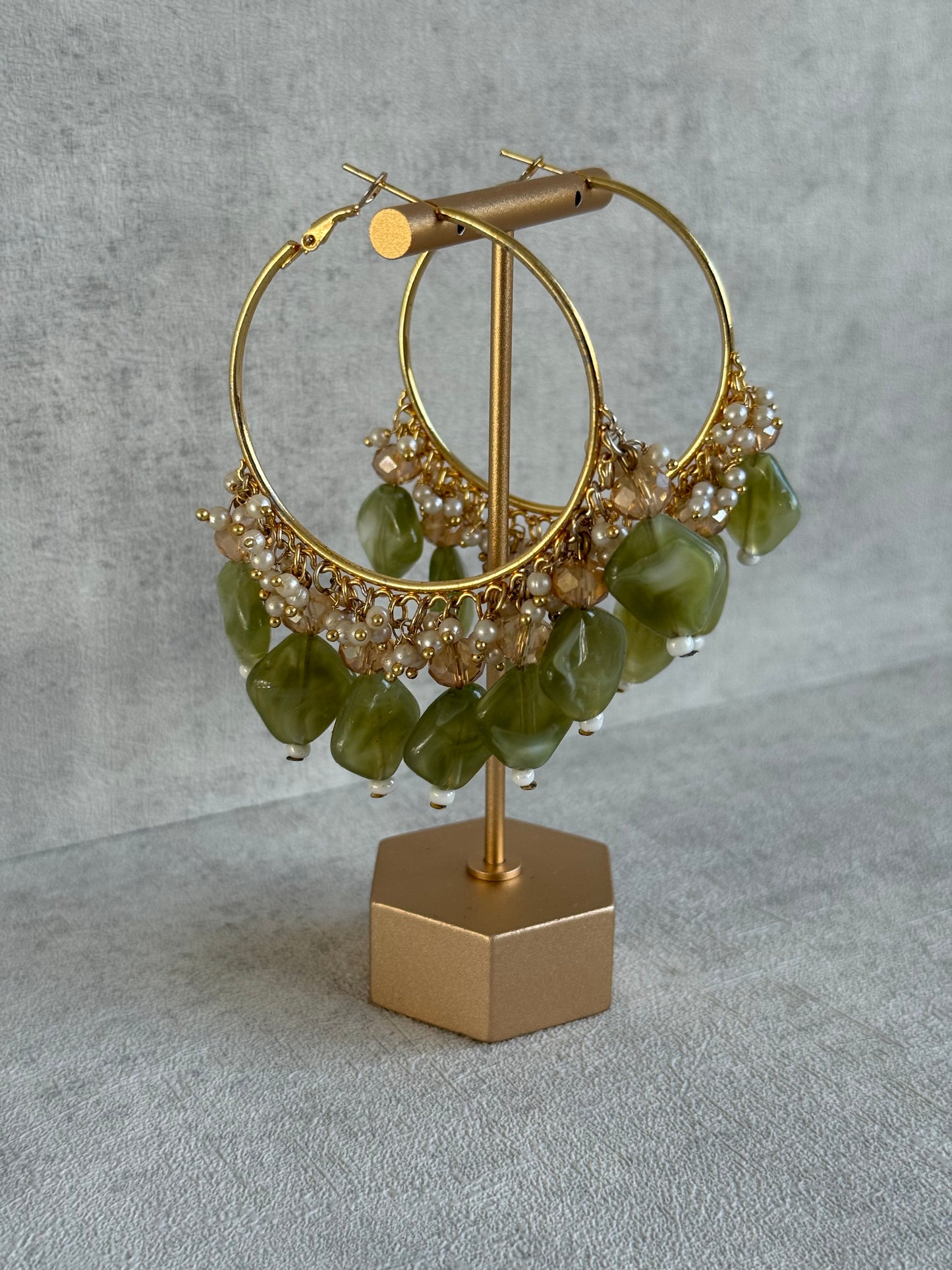 Ayura Designs Heer Balis – Gold Hoops with Olive Marble Beads, Pearls & Crystal Detailing