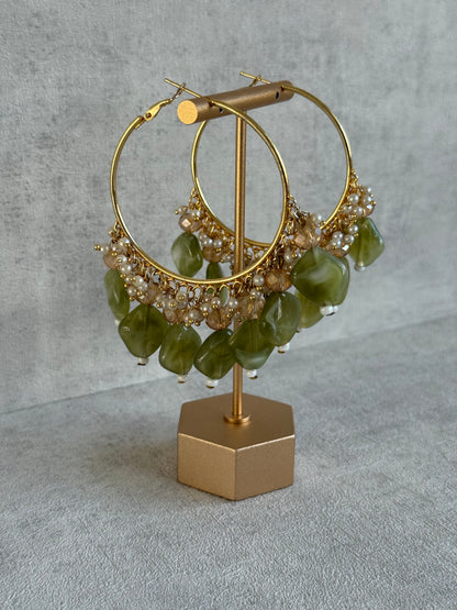Ayura Designs Heer Balis – Gold Hoops with Olive Marble Beads, Pearls & Crystal Detailing