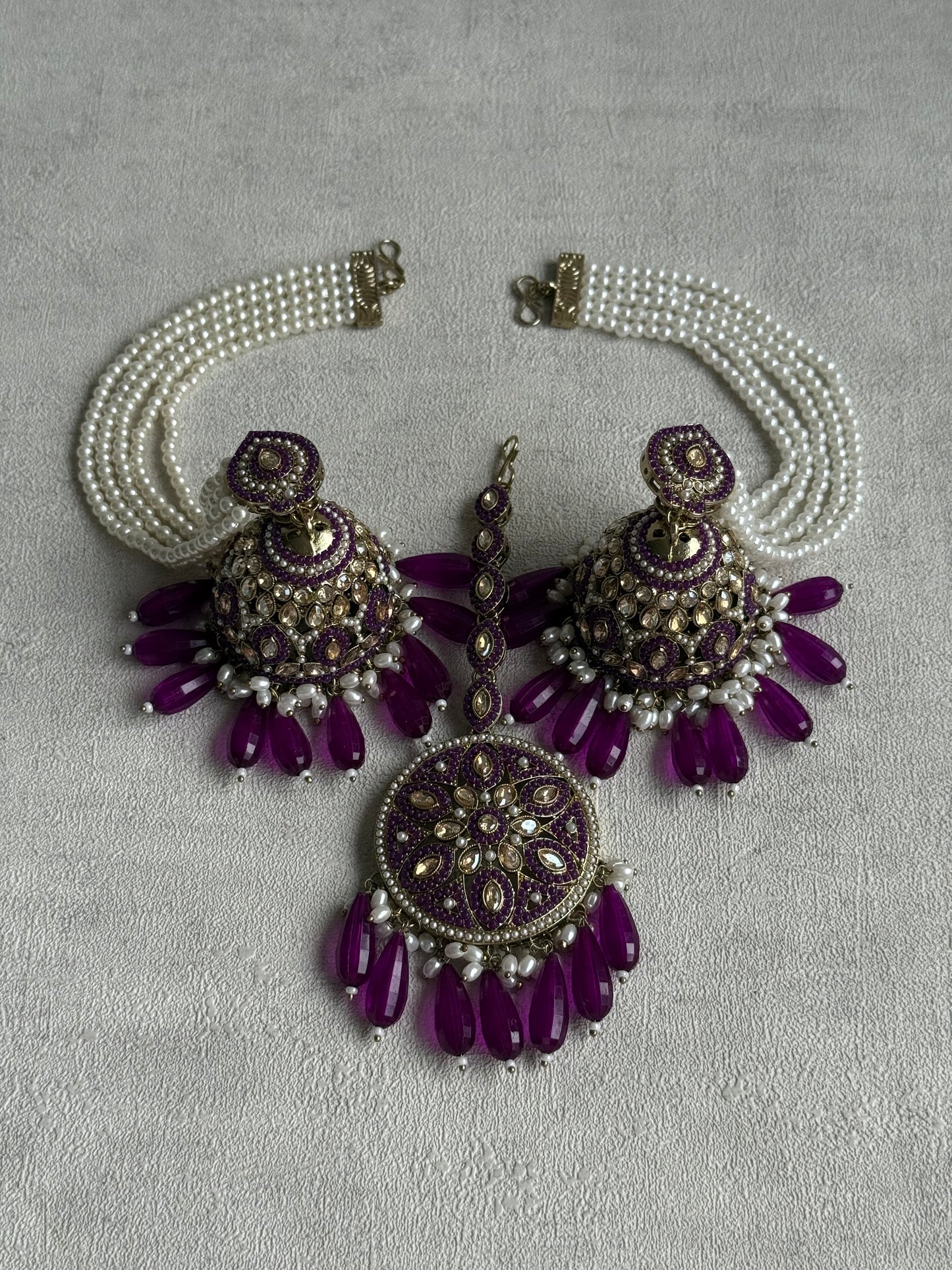 Ayura Designs Amrita Set – Jhumkis with Sahare & Tikka in Berry Purple, Pearls and Antique Gold Finish