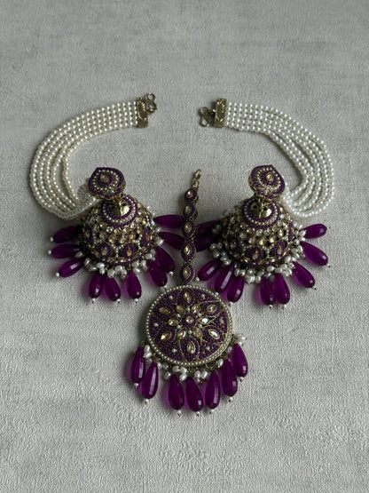 Ayura Designs Amrita Set – Jhumkis with Sahare & Tikka in Berry Purple, Pearls and Antique Gold Finish