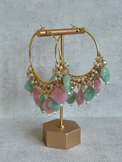 Ayura Designs Heer Balis – Gold Hoops with Mint & Blush Marble Beads, Pearls & Crystal Detailing