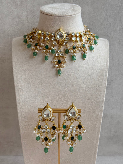 Ayura Designs Naksh Kundan Choker Set with Earrings & Emerald Green Bead Detailing