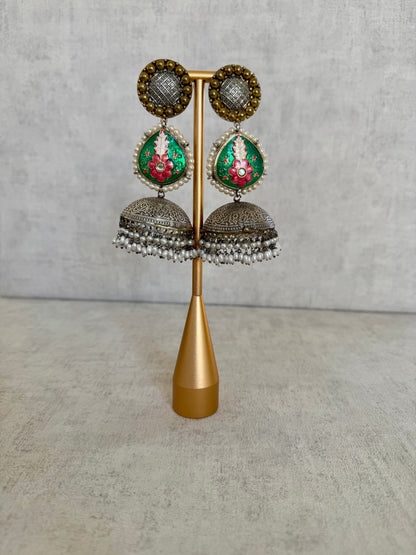 Ayura Designs Mirha Earrings – Handcrafted Meenakari & Pearl Jhumkas with Intricate Silver Filigree Detailing