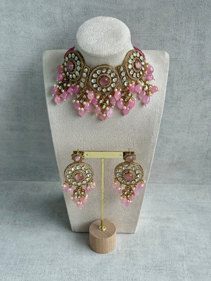 Ayura Designs Harper Set – Antique Gold Choker & Earrings with Blush Pink Beads, Kundan Stones & Pearl Detailing
