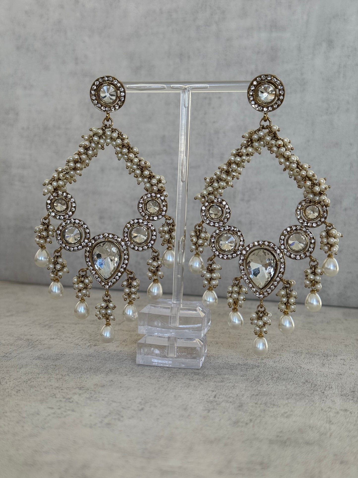 Ayura Designs Fana Chand Bali – Antique Gold Crescent Earrings with Pearls & Crystals