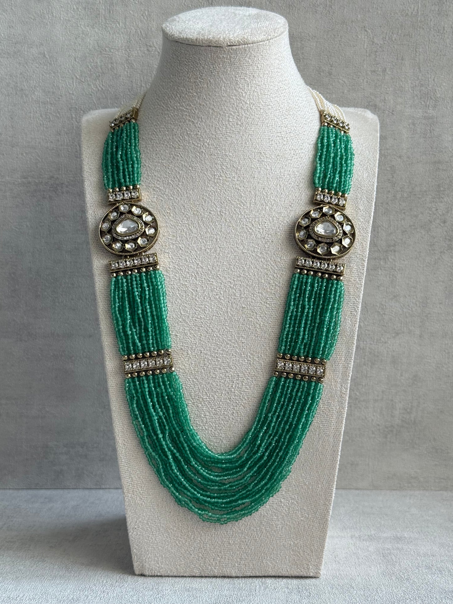 Ayura Designs Sienna Set – Long Layered Necklace & Earrings with Sea Green Beads, Mirror-Cut Kundan & Pearl Detailing