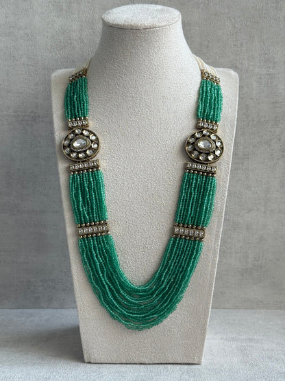 Ayura Designs Sienna Set – Long Layered Necklace & Earrings with Sea Green Beads, Mirror-Cut Kundan & Pearl Detailing