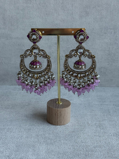 Ayura Designs Reha Earrings – Statement Chandbalis with Lavender Pink Beads, Pearls & Mirror-Cut Stones