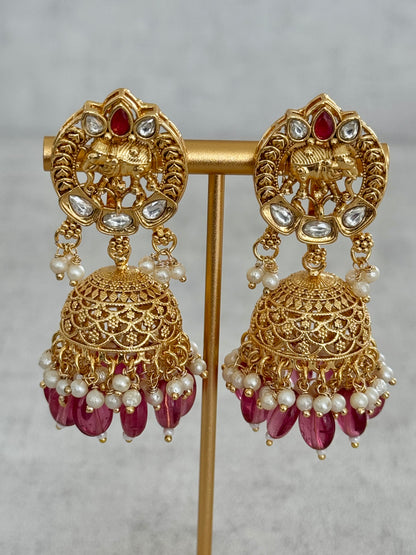 Ayura Designs Tanu Choker Set with Earrings & Tikka – A Golden Harmony of Pearls, Ruby Red Accents & Intricate Gold Detailing