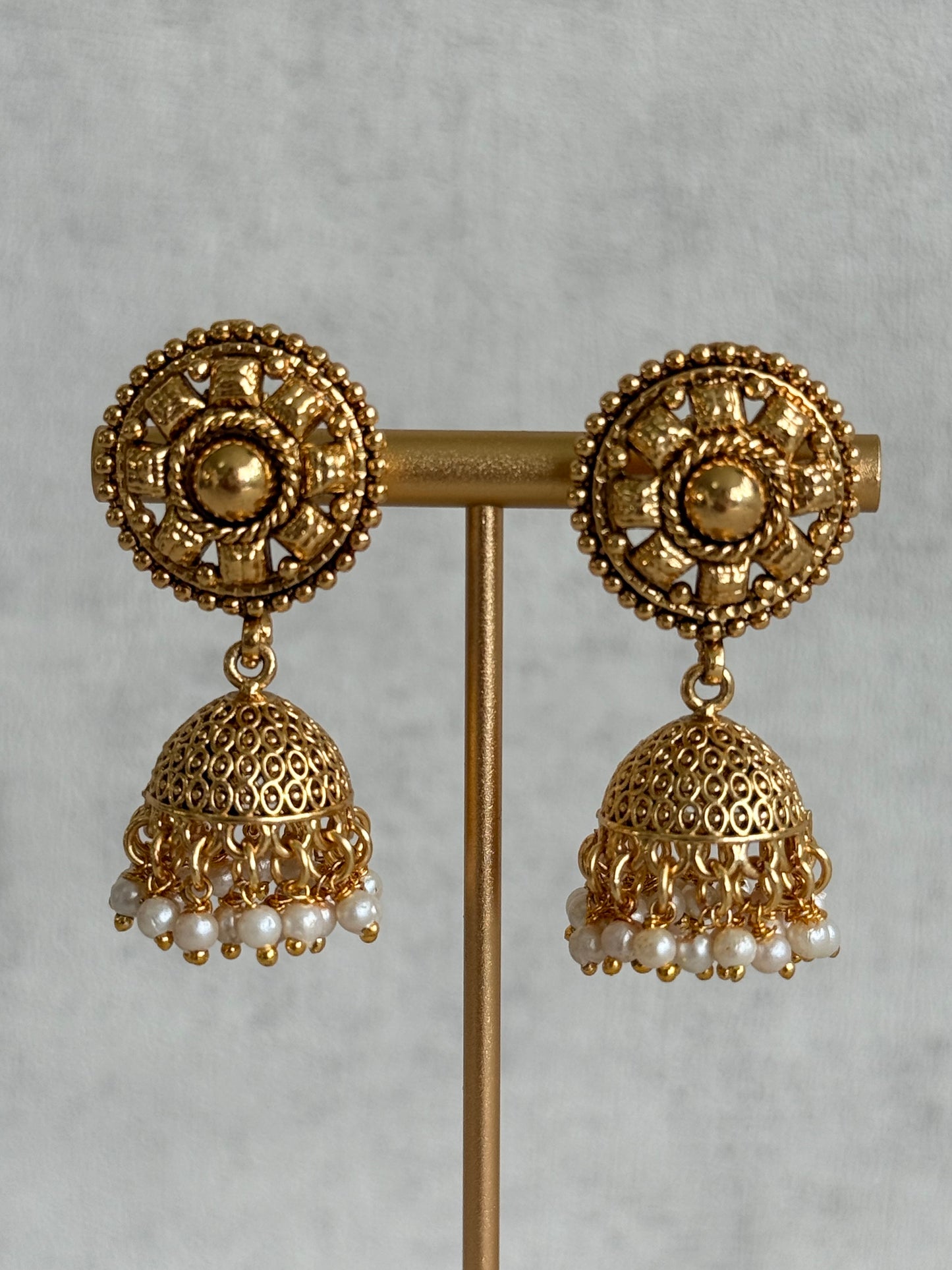Ayura Designs Iksirat Necklace Set with Jhumkis & Tikka – Gold Heritage Design with Pearl Detailing