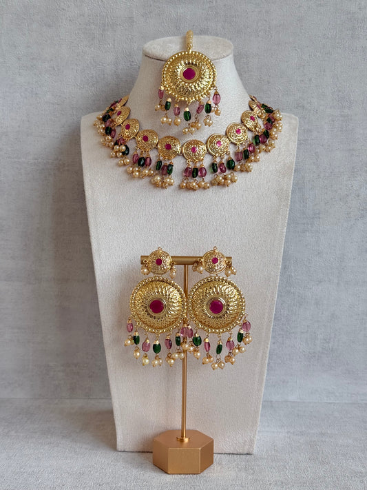 Ayura Designs Jyoti Set with Earrings & Tikka – Gold Disc Necklace with Ruby Pink, Emerald Green & Pearl Detailing