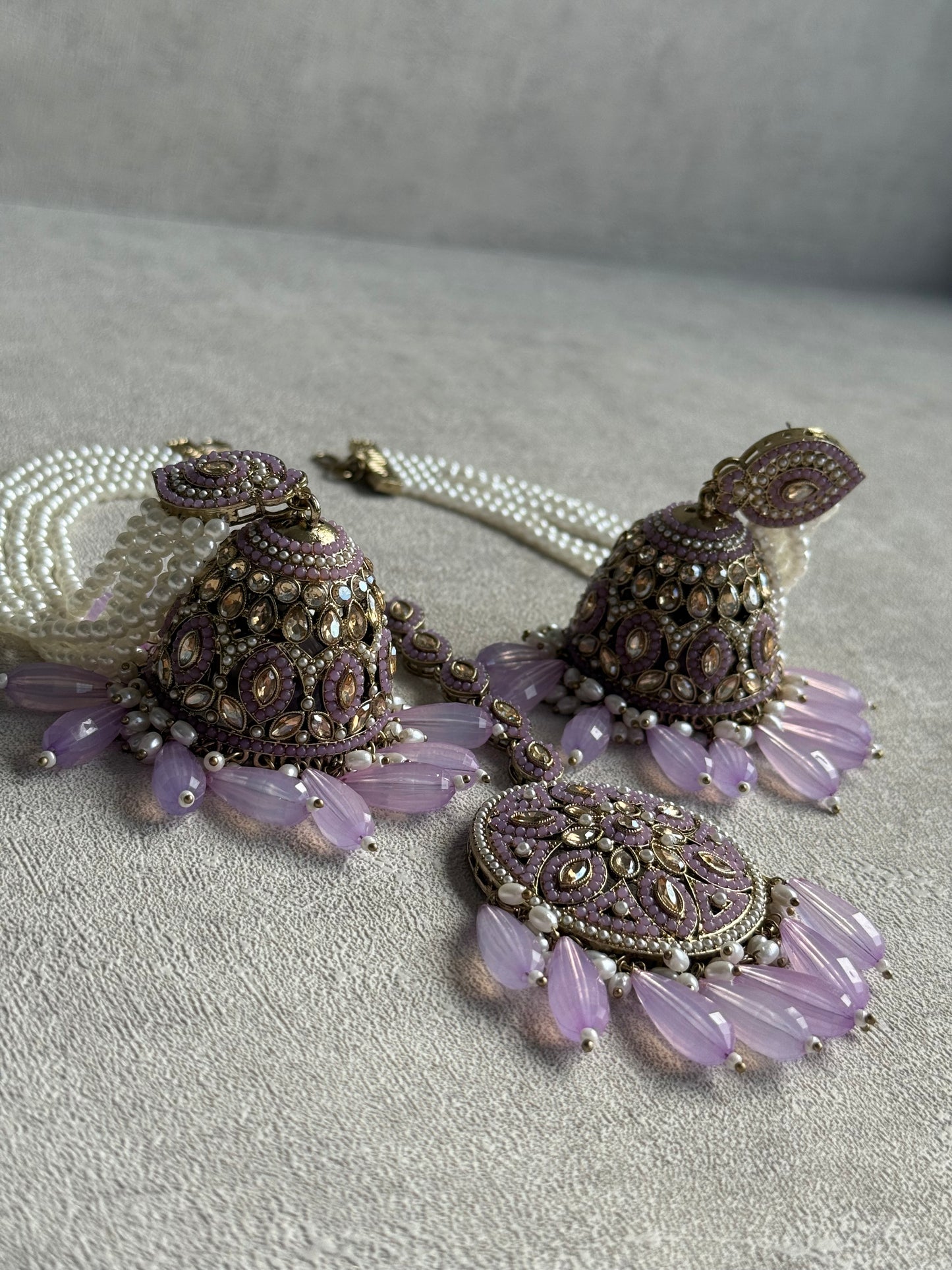 Ayura Designs Amrita Set – Jhumkis with Sahare & Tikka in Soft Lilac Beads, Pearls and Antique Gold Finish