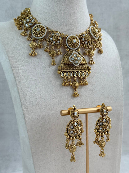 Ayura Designs Kriti Necklace Set with Earrings – Antique Gold Kundan Design with Ivory Pearls & Ghungroo Detailing