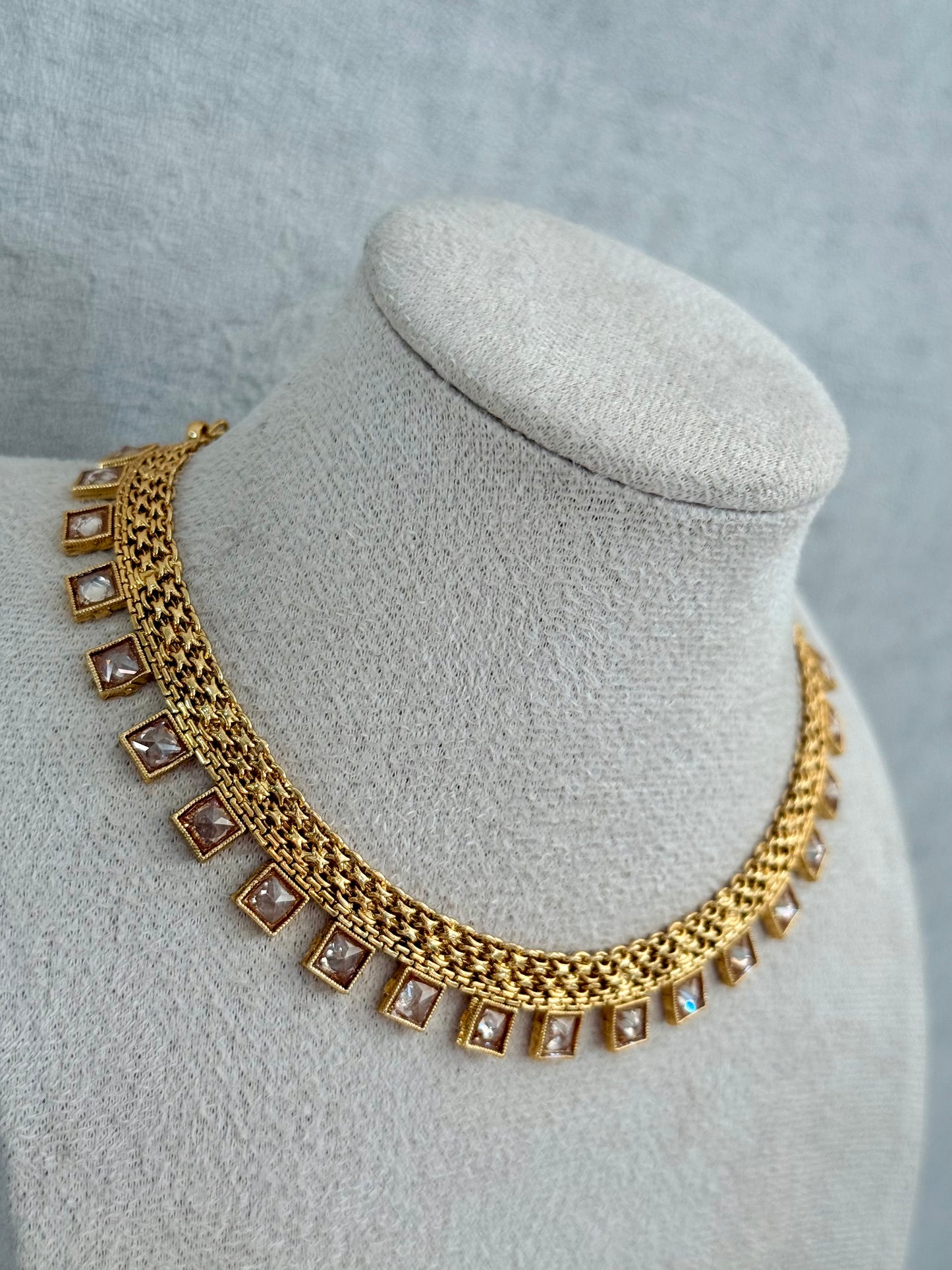 Ayura Designs Bhawani Set with Necklace & Stud Earrings – Square-Cut Kundan Stones in Antique Gold Finish