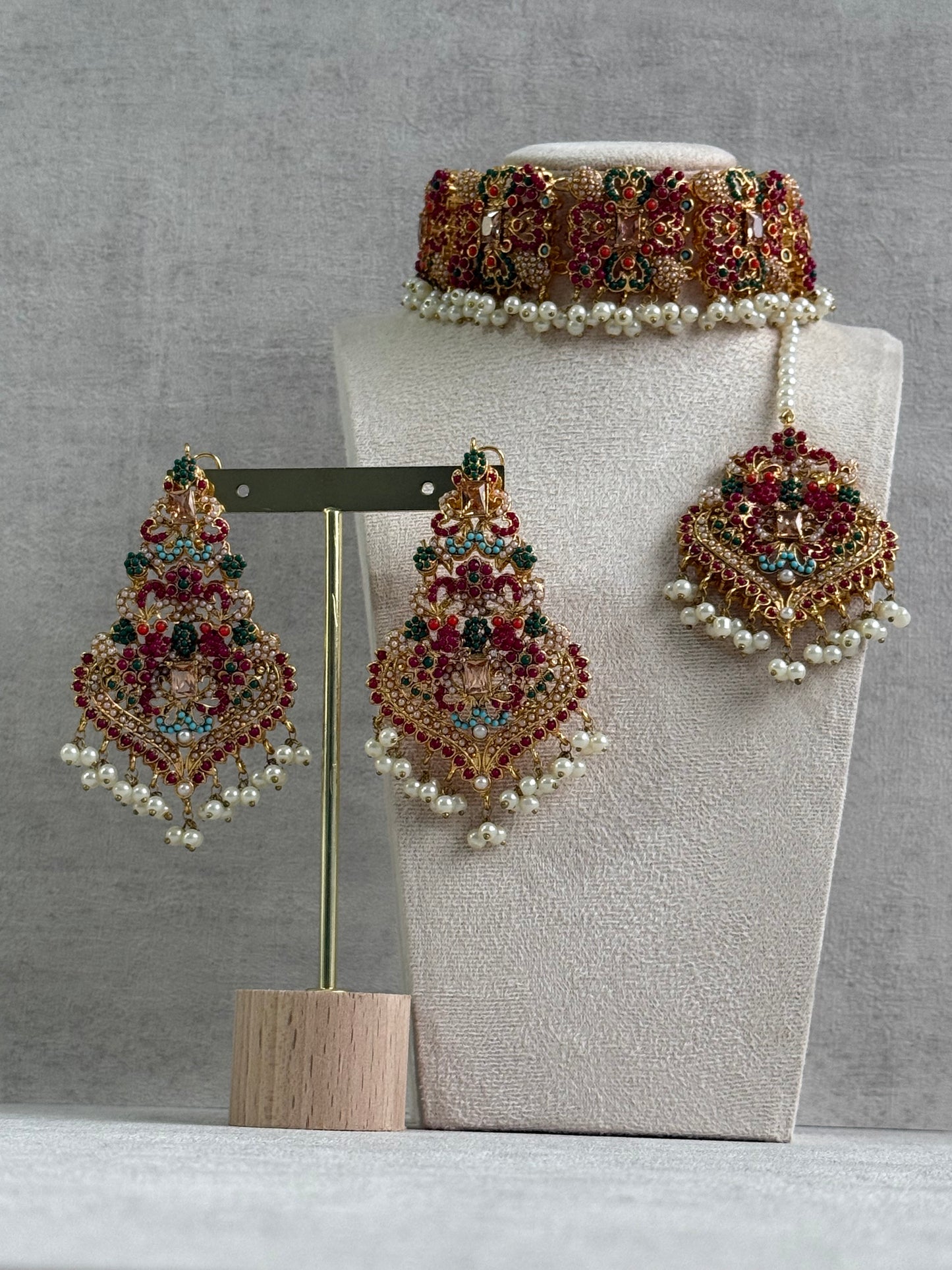 Ayura Designs Mahnoor Navratan Choker Set with Earrings & Tikka – Antique Gold Finish, Multicolour Enamel & Pearl Detailing