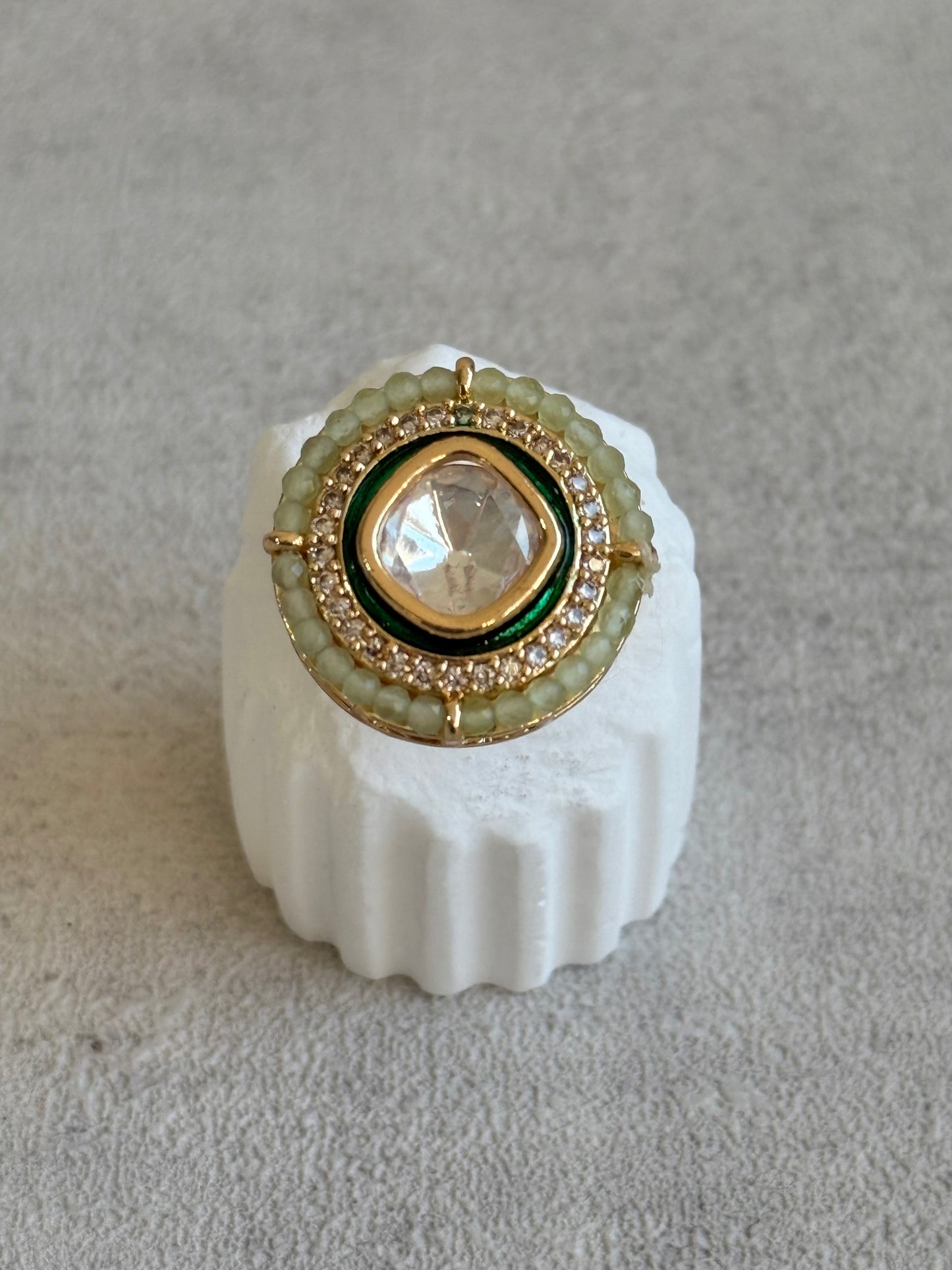 Ayura Designs Roselle Adjustable Ring – Moissanite Centre with Crystal Border & Mint Green Beads