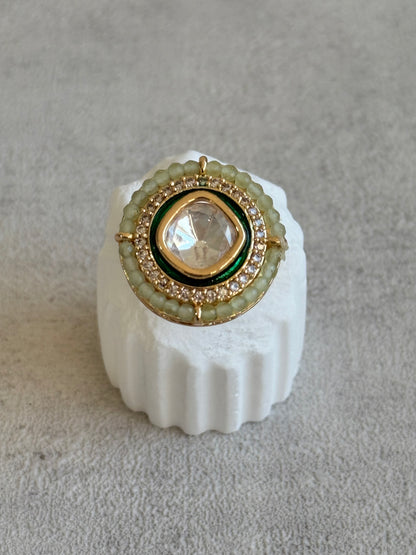 Ayura Designs Roselle Adjustable Ring – Moissanite Centre with Crystal Border & Mint Green Beads