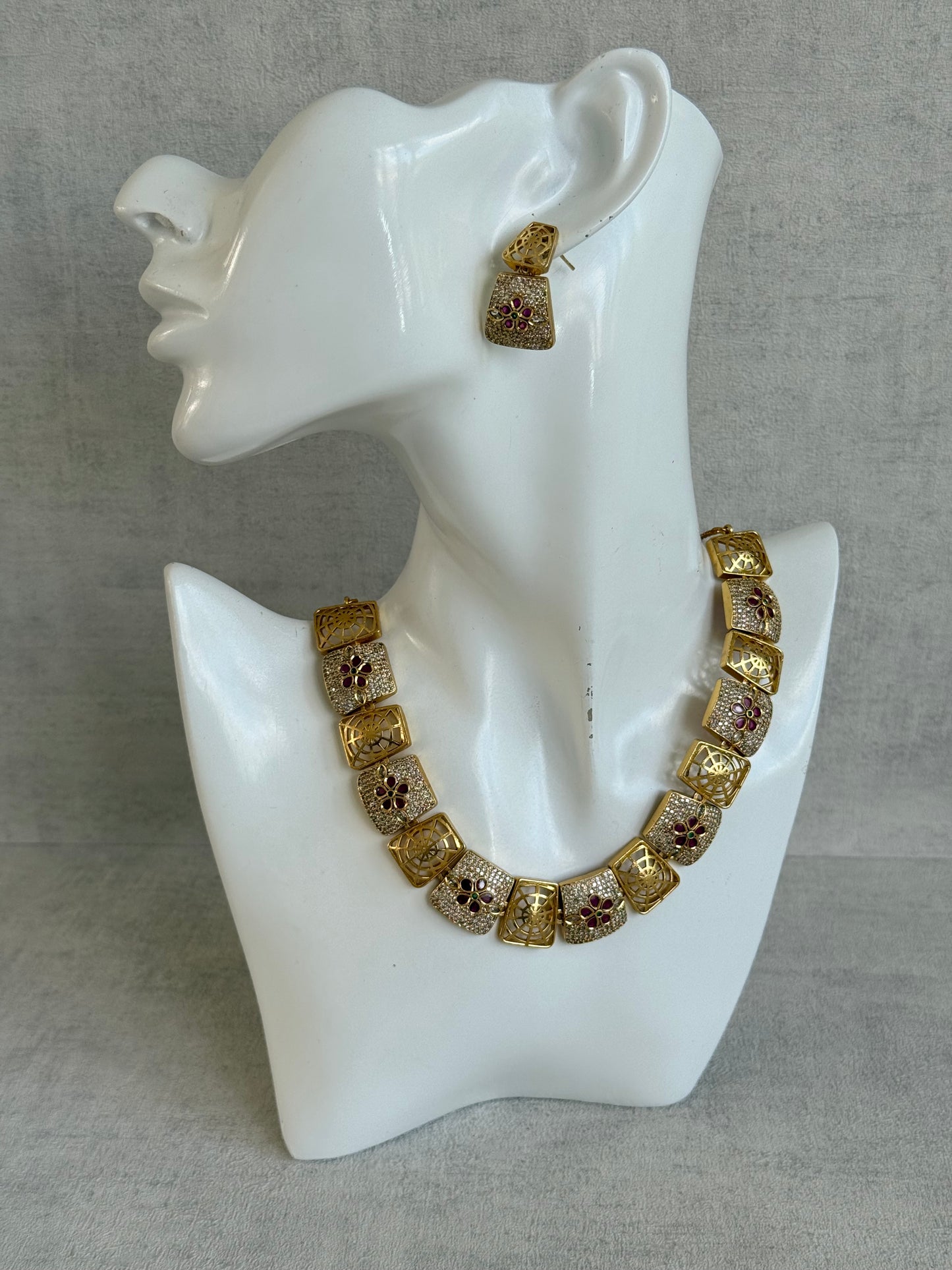 Ayura Designs Vibha Necklace & Stud Earrings Set – Gold Floral Statement Design with Ruby Pink & Crystal Detailing