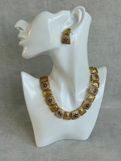 Ayura Designs Vibha Necklace & Stud Earrings Set – Gold Floral Statement Design with Ruby Pink & Crystal Detailing