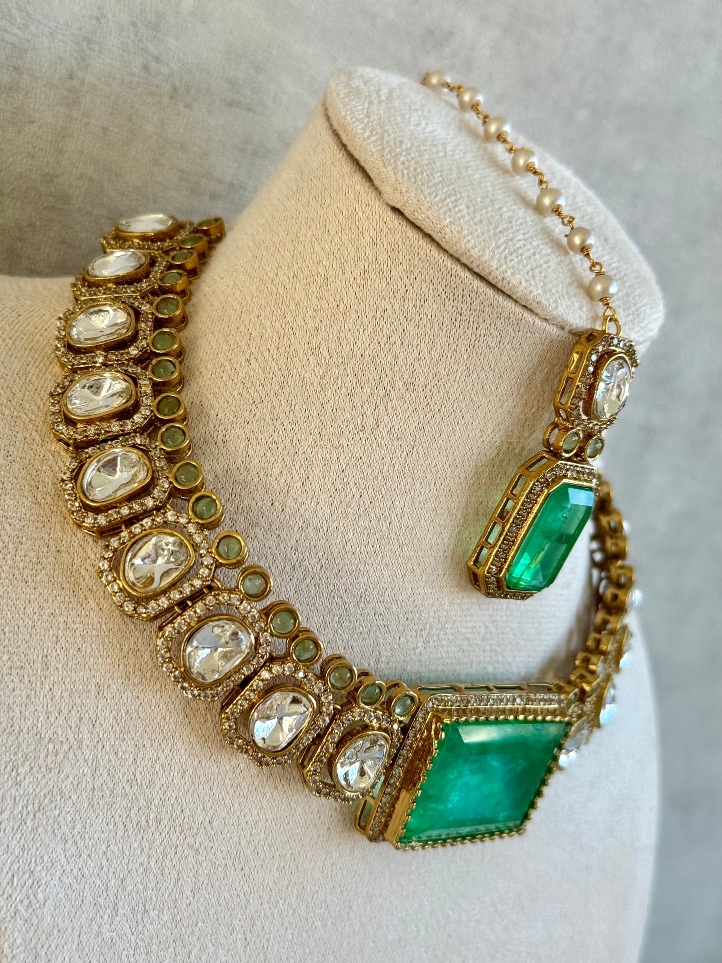 Ayura Designs Clara Set with Earrings & Tikka — Jade Green Moissanite Stones and Antique Gold Finish