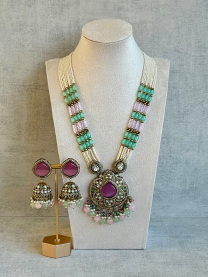 Ayura Designs Brielle Set – Necklace & Jhumkis with Mirror-Cut Stones in Berry Pink, Mint Green & Ivory