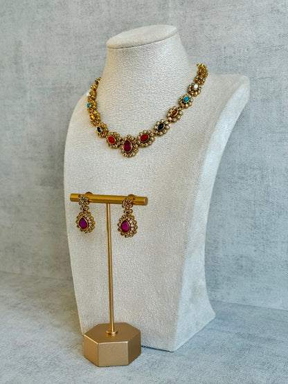 Ayura Designs Maanya Set with Earrings – Multicolour Stones with Rani Pink Centre & Crystal Detailing