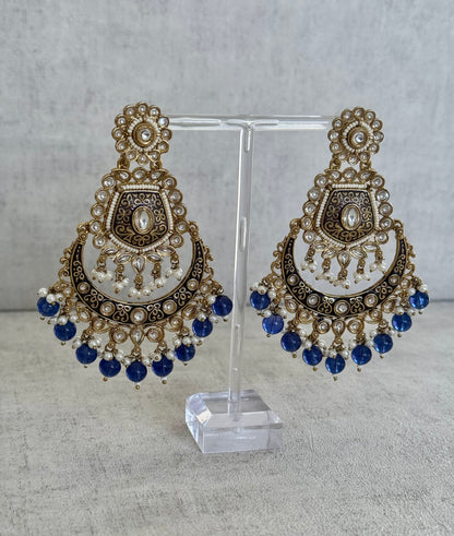 Ayura Designs Safa Antique Gold-Plated Chandbali Earrings with Pearl and Blue Bead Accents