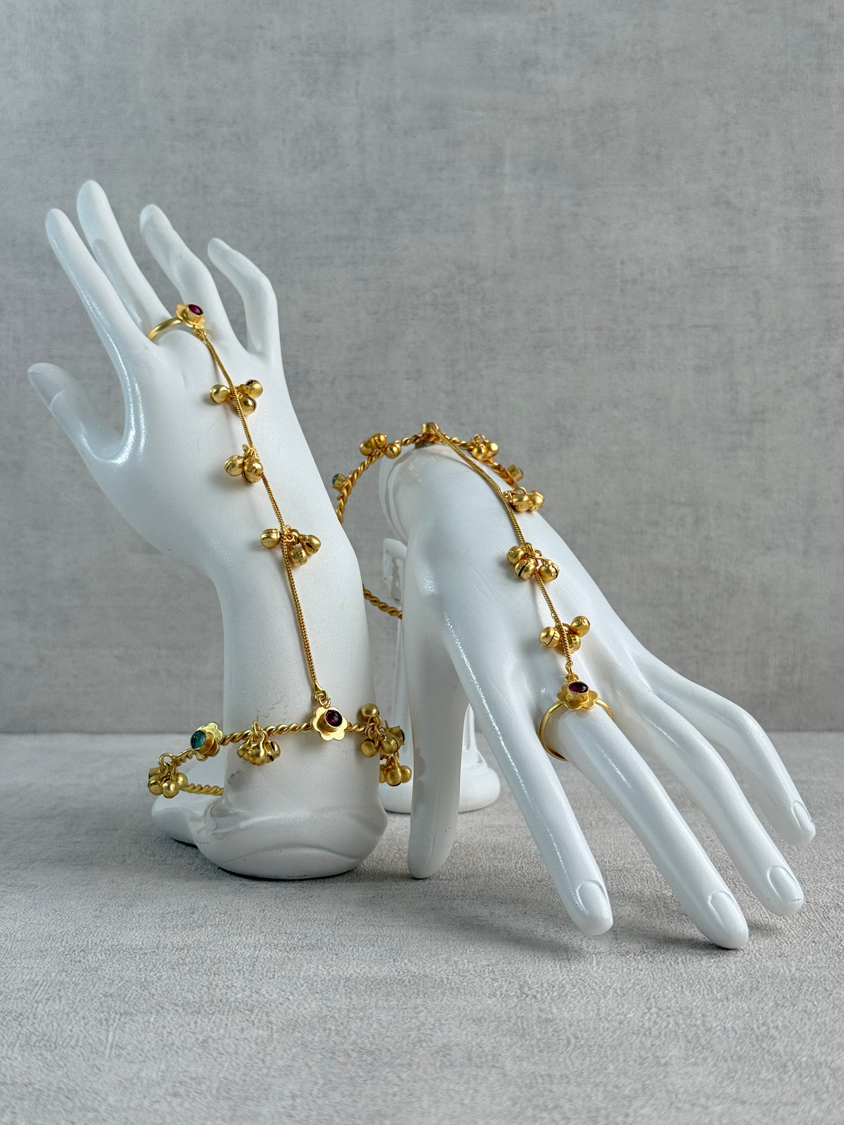 Ayura Designs Kajri Haathphool Set of 2 – Gold Tone Floral Hand Harness with Multicolour Stones & Ghungroo Detailing
