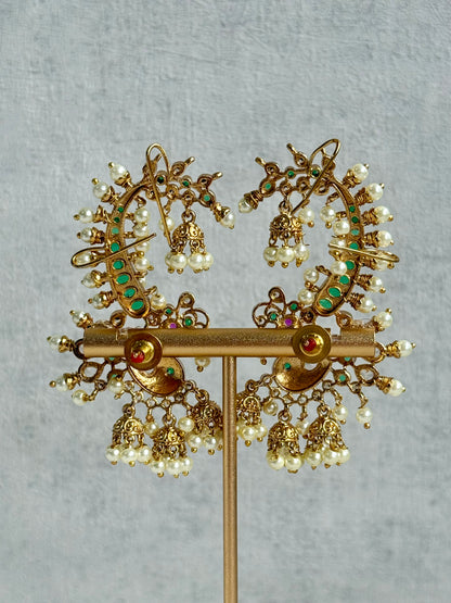 Ayura Designs Megha Half Ear Cuffs – Gold Peacock Motif with Crystal Stones, Emerald & Pink Accents and Pearl Jhumka Drops