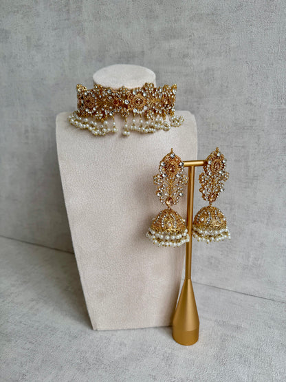 Ayura Designs Afsana Choker Set with Jhumkis – Mirror-Cut Polki, Ivory Pearls & Antique Gold Finish