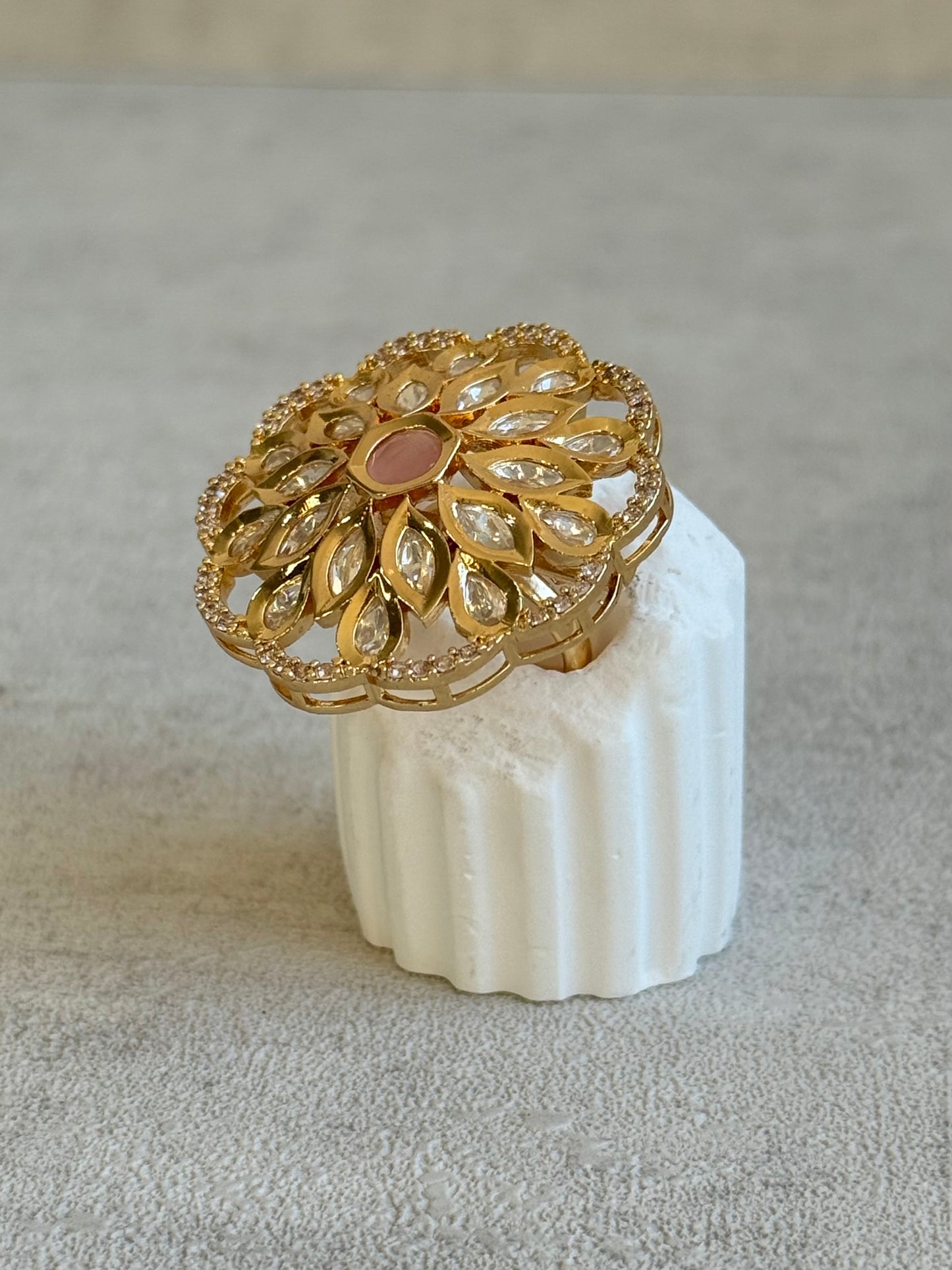 Ayura Designs Elisa Adjustable Ring – Moissanite Floral Ring with Blush Pink Centre & Crystal Border