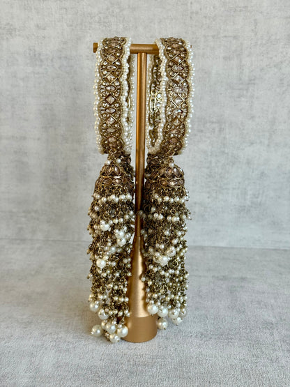 Ayura Designs Arsh Kangan – Pearl Studded Statement Bangles with Jhumki Tassels