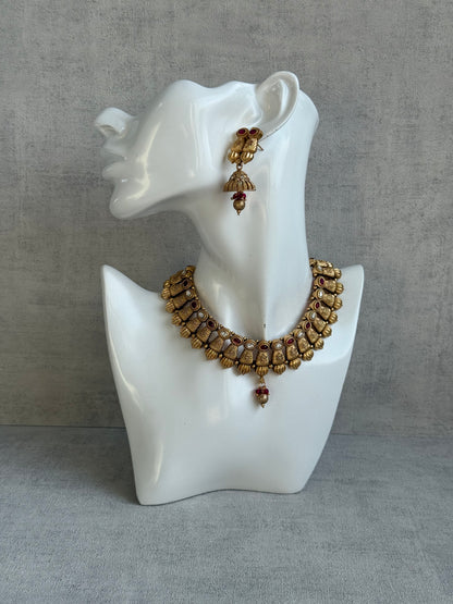 Ayura Designs Aima Necklace Set with Earrings – Antique Gold with Rani Pink Stones