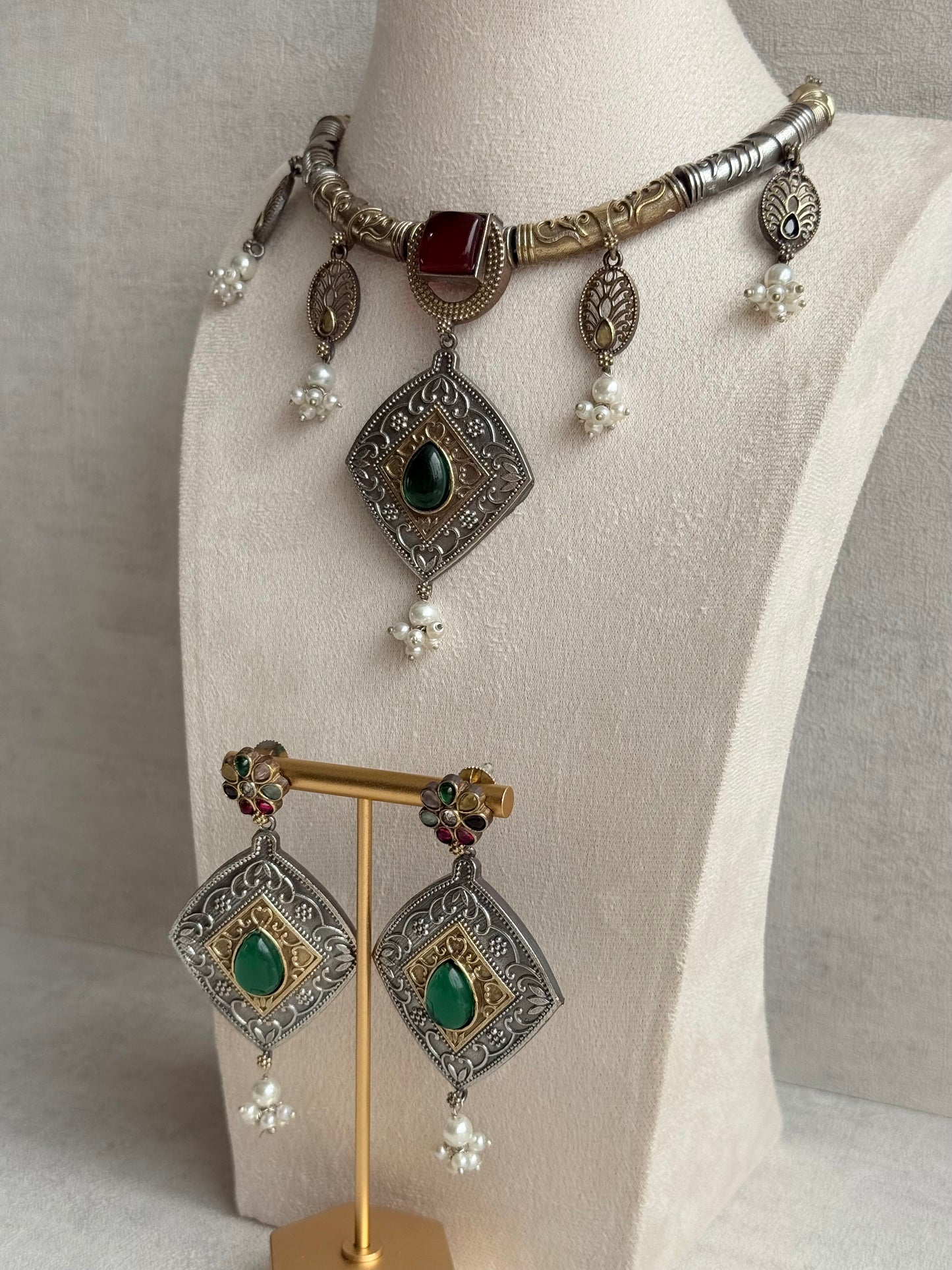 Ayura Designs Paayal Set with Earrings – Dual Tone Oxidised Necklace Set with Multicolour Stones & Pearl Clusters