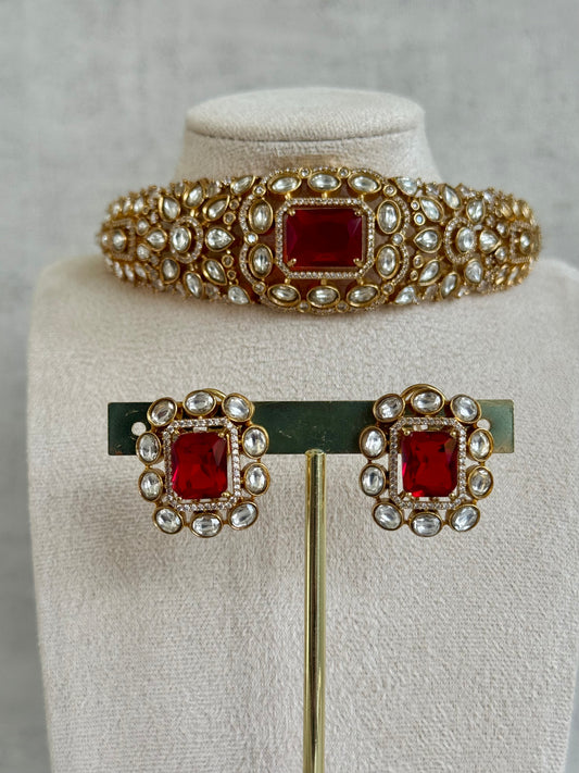 Ayura Designs Akasha Choker Set with Stud Earrings – Ruby Red Moissanite Stones & Antique Gold Finish