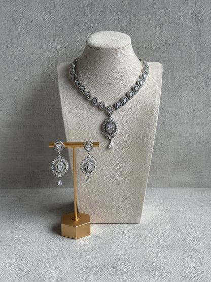 Ayura Designs Bella Set – Silver Necklace & Earrings with Teardrop Moissanite Stones & Radiant Halo Design