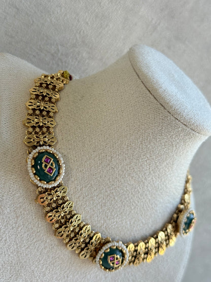 Ayura Designs Lajita Necklace Set with Stud Earrings – Emerald Green & Rani Pink with Pearl & Statement Floral Link Design