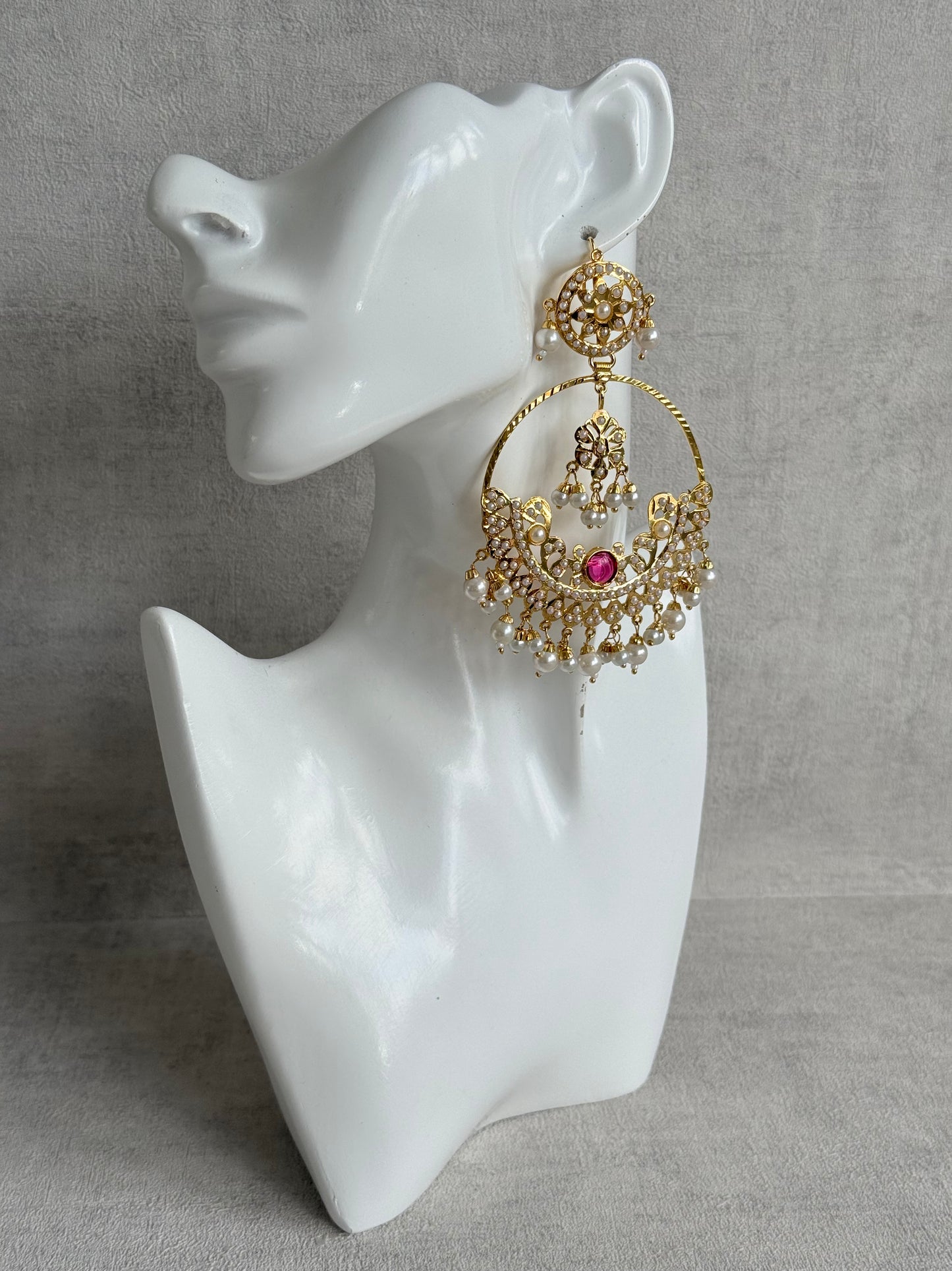 Ayura Designs Arshi Chandbalis – Gold Jadau Ruby Pink & Ivory Pearl Detailing