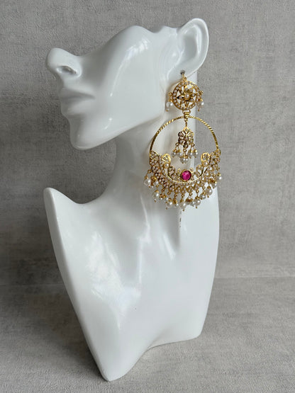 Ayura Designs Arshi Chandbalis – Gold Jadau Ruby Pink & Ivory Pearl Detailing