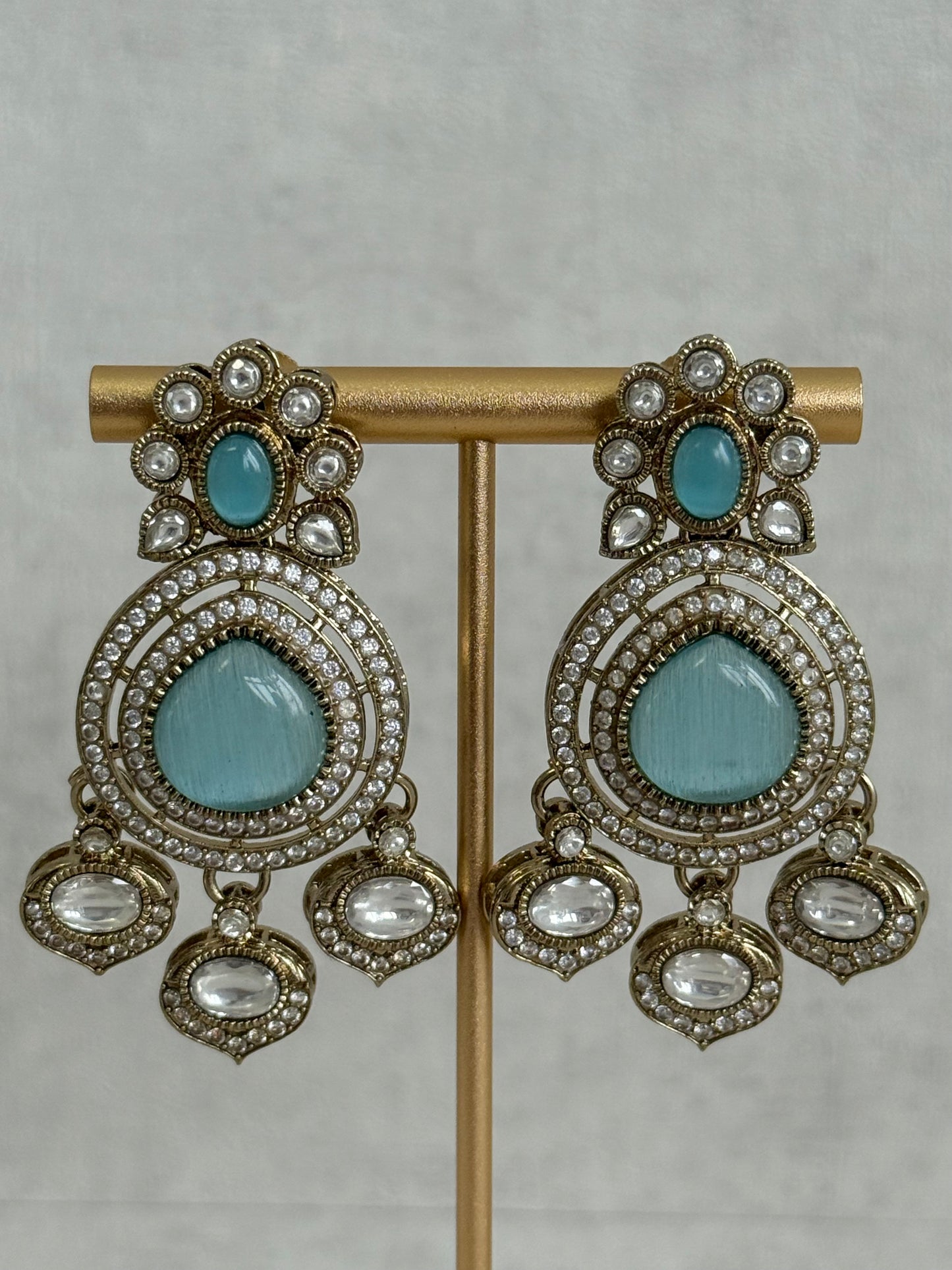 Ayura Designs Rahi Necklace Set with Earrings & Tikka – Aqua Blue Stones with Mirror-Cut Detailing & Pearl Strands