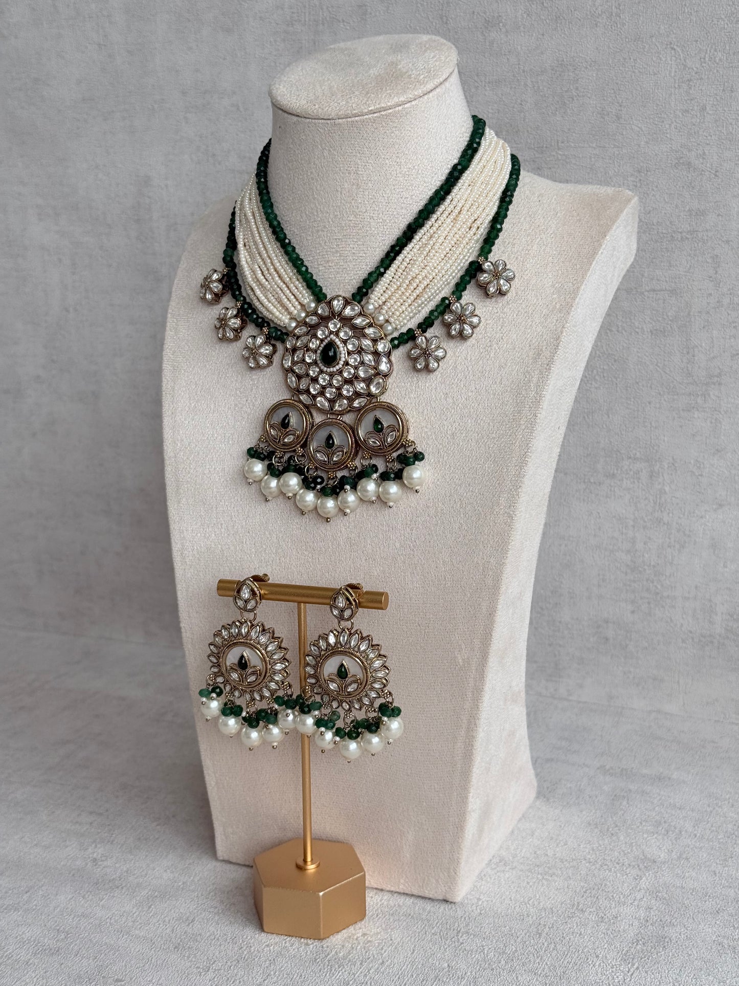 Ayura Designs Callie Set with Earrings – Emerald Green, Ivory Pearl & Jadau Detailing