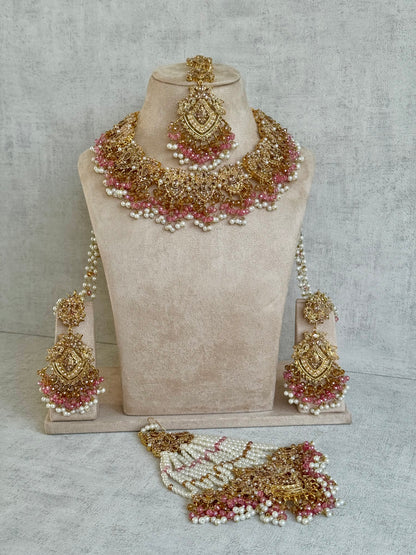 Ayura Designs Faryal Bridal Set with Necklace, Earrings, Tikka & Jhoomar – Antique Gold, Pearl & Blush Pink Detailing