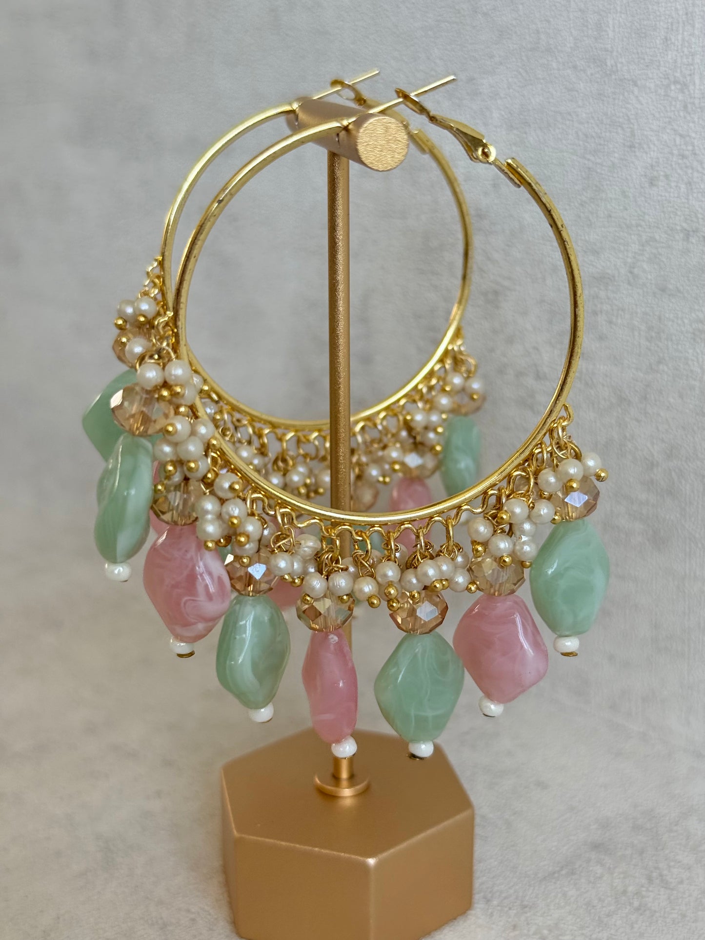 Ayura Designs Heer Balis – Gold Hoops with Mint & Blush Marble Beads, Pearls & Crystal Detailing