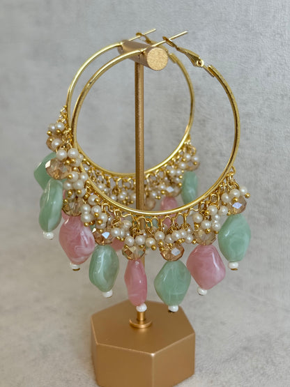 Ayura Designs Heer Balis – Gold Hoops with Mint & Blush Marble Beads, Pearls & Crystal Detailing