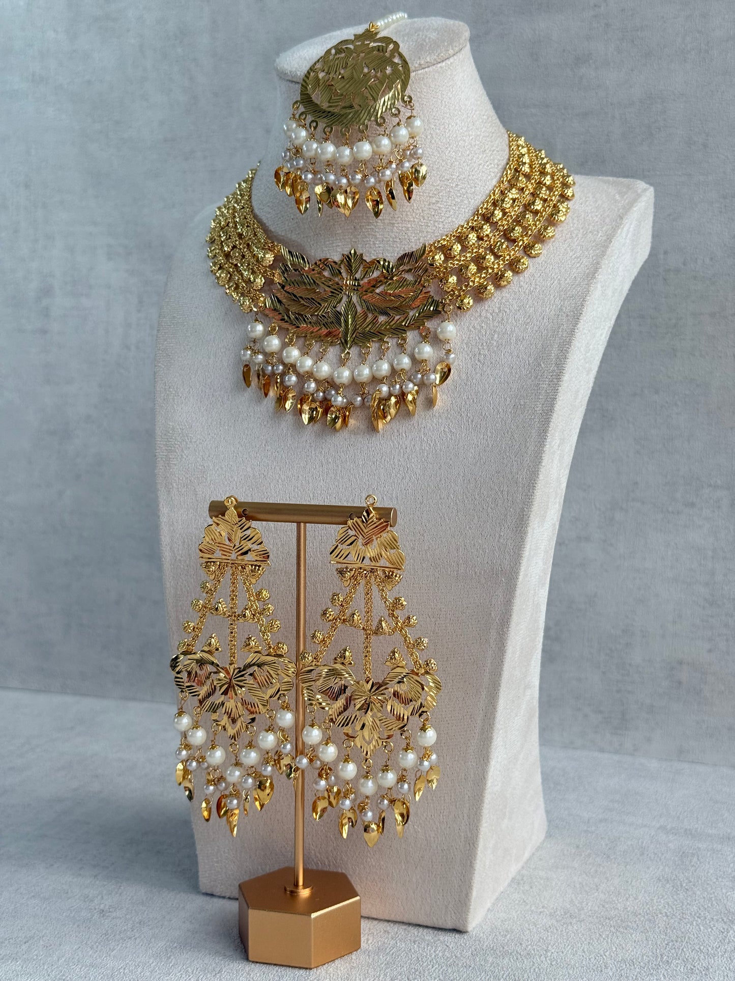 Ayura Designs Jasira Necklace Set with Earrings & Tikka – Pippal Patti Design with Swan & Peacock Motifs, Ivory Pearls & Gold Finish