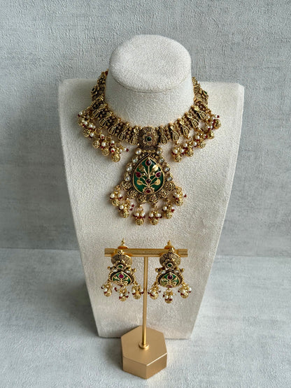 Ayura Designs Divya Set – Antique Gold Choker with Green Meenakari, Ruby Stones & Pearl Detailing