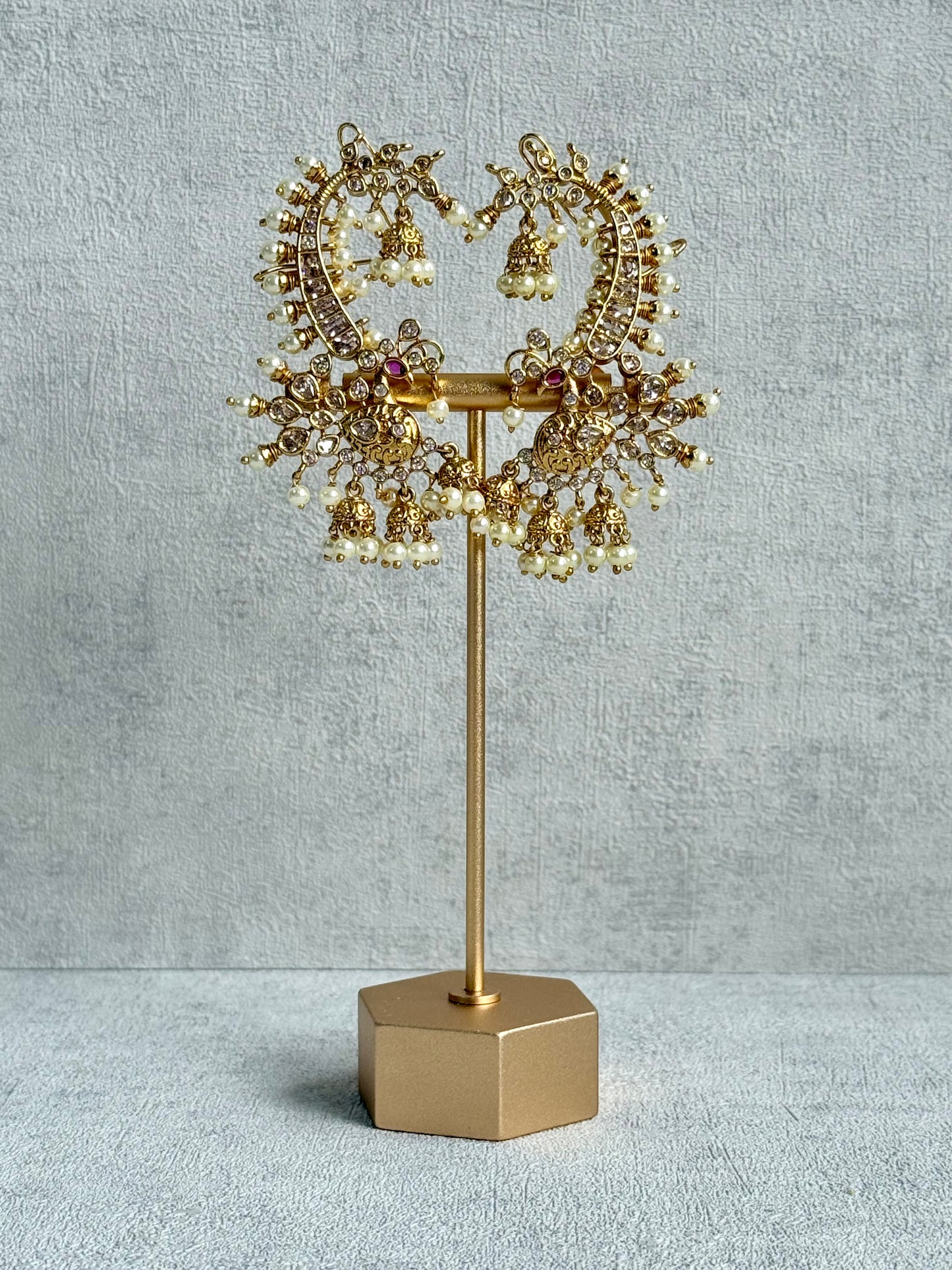 Ayura Designs Megha Half Ear Cuff Earrings – Gold Peacock Motif with Kundan Crystals, Pink Stone Accents & Pearl Jhumka Drops