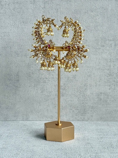 Ayura Designs Megha Half Ear Cuff Earrings – Gold Peacock Motif with Kundan Crystals, Pink Stone Accents & Pearl Jhumka Drops