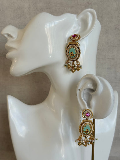 Ayura Designs Enjal Earrings – Mint Green Enamel, Pearl Beading, Pink Stone & Gold Finish