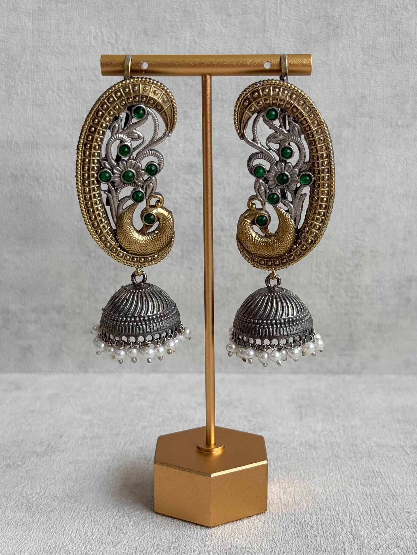 Ayura Designs Fasana Earrings – Dual Tone Oxidised Peacock Ear Climbers with Emerald Green Stones & Pearl Drops
